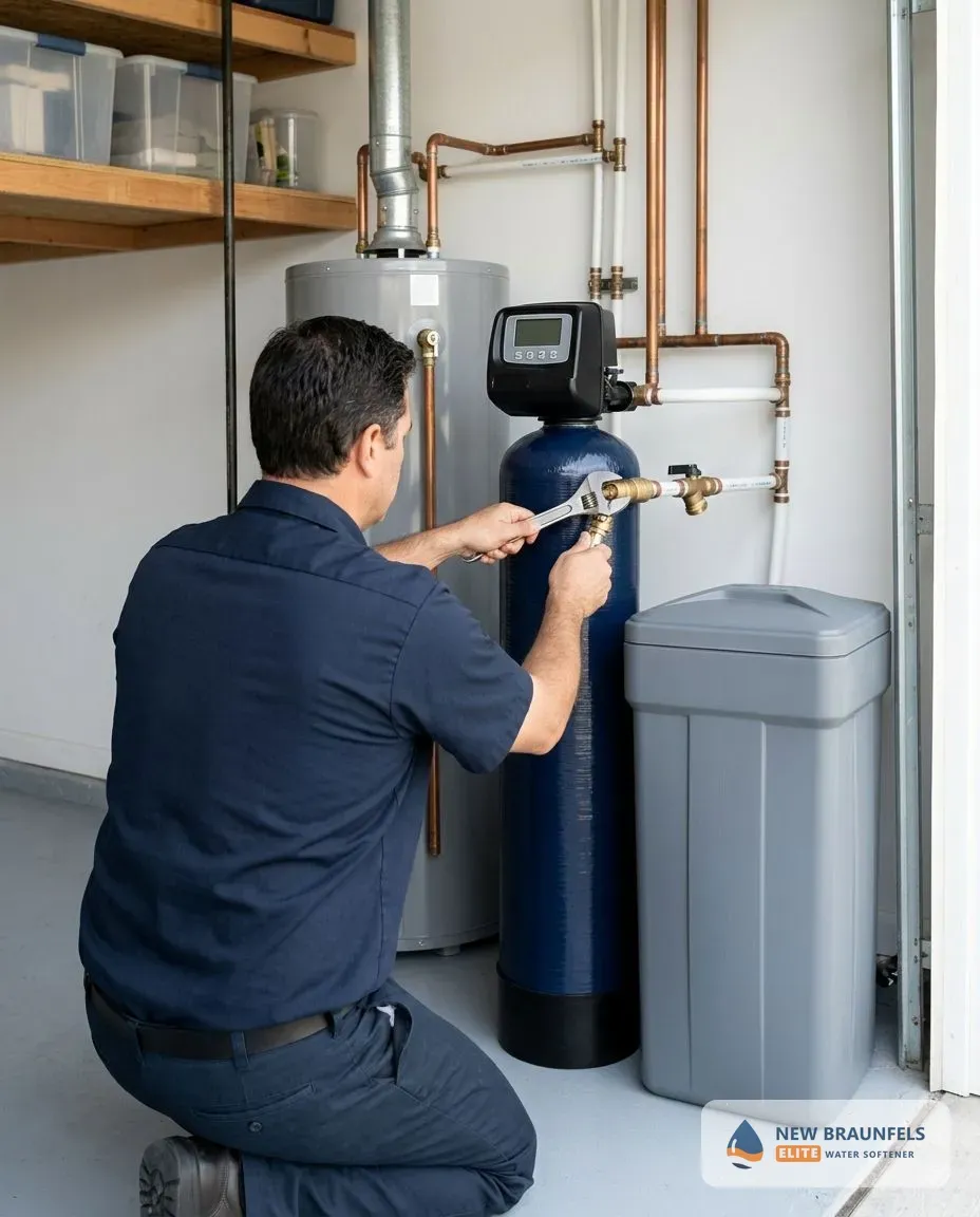 Technician installing a water softener in a New Braunfels TX home